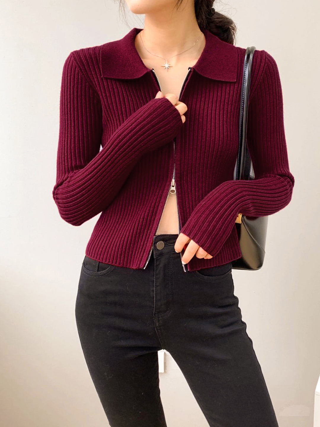 Pull En Tricot Côtelé Petite Taille à Double Fermeture Éclair