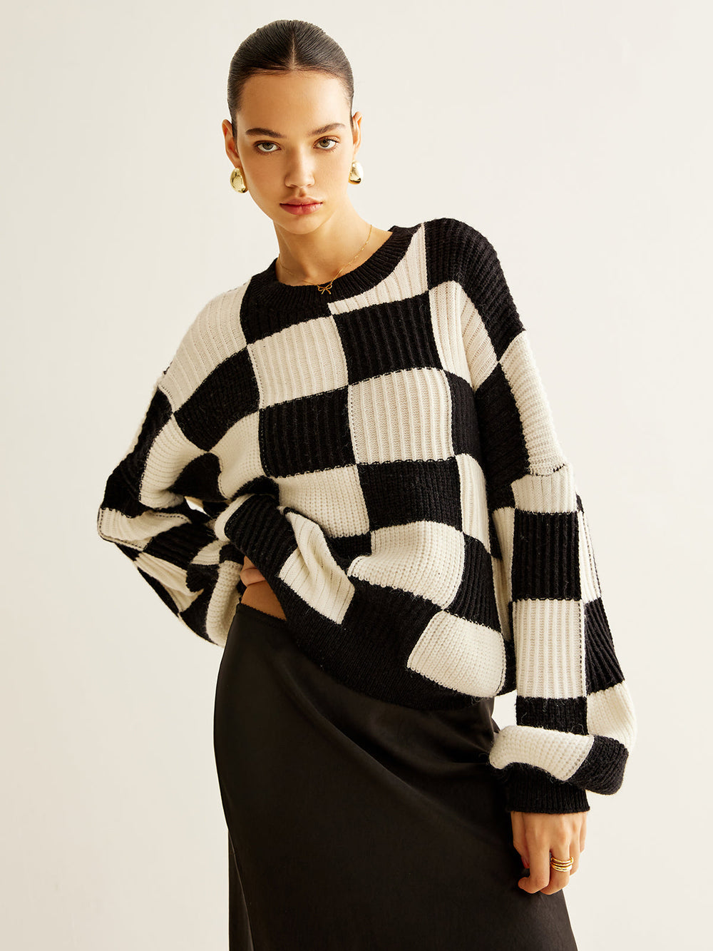 Pull Col en Color Block à Carreaux