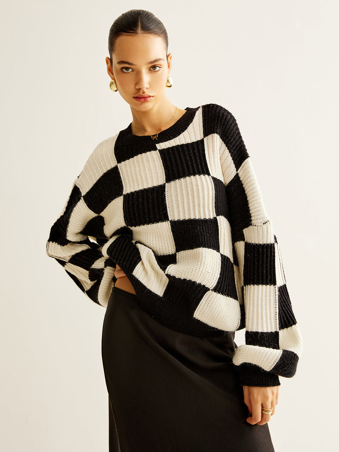 Pull Col en Color Block à Carreaux