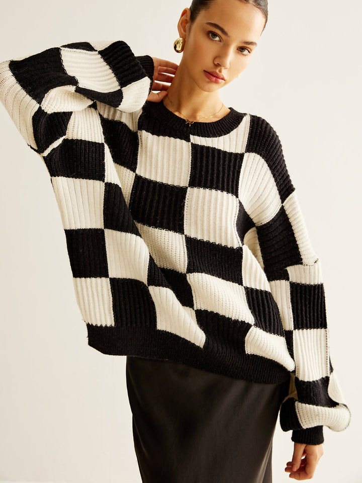 Pull Col en Color Block à Carreaux