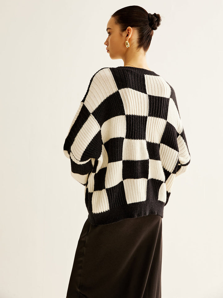 Pull Col en Color Block à Carreaux