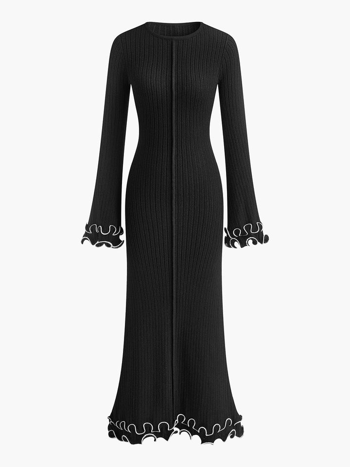 Robe en tricot à cordon de serrage avec volants et passepoil semi-transparent