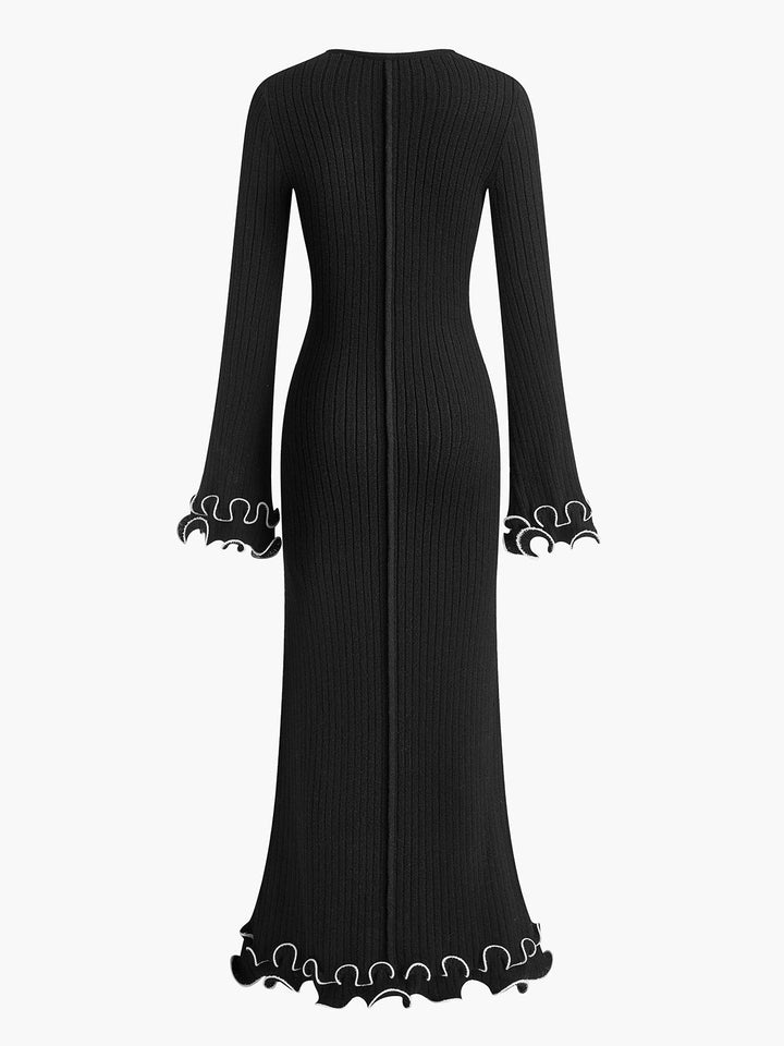 Robe en tricot à cordon de serrage avec volants et passepoil semi-transparent