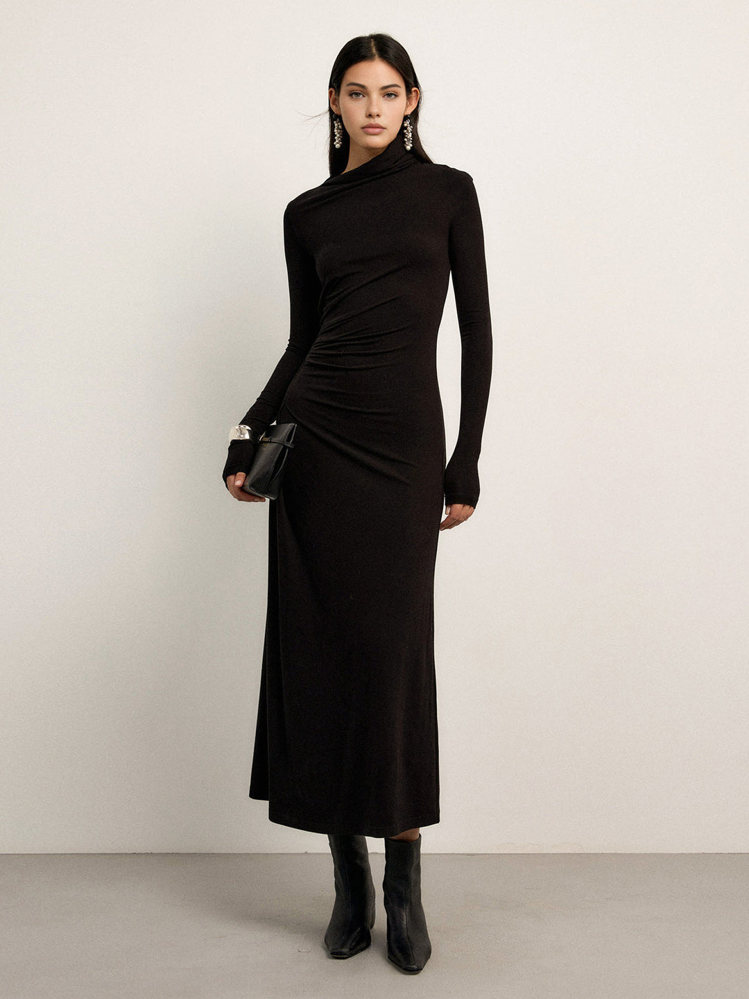 Robe Maxi à Manches Longues et Décolleté Asymétrique Ruché