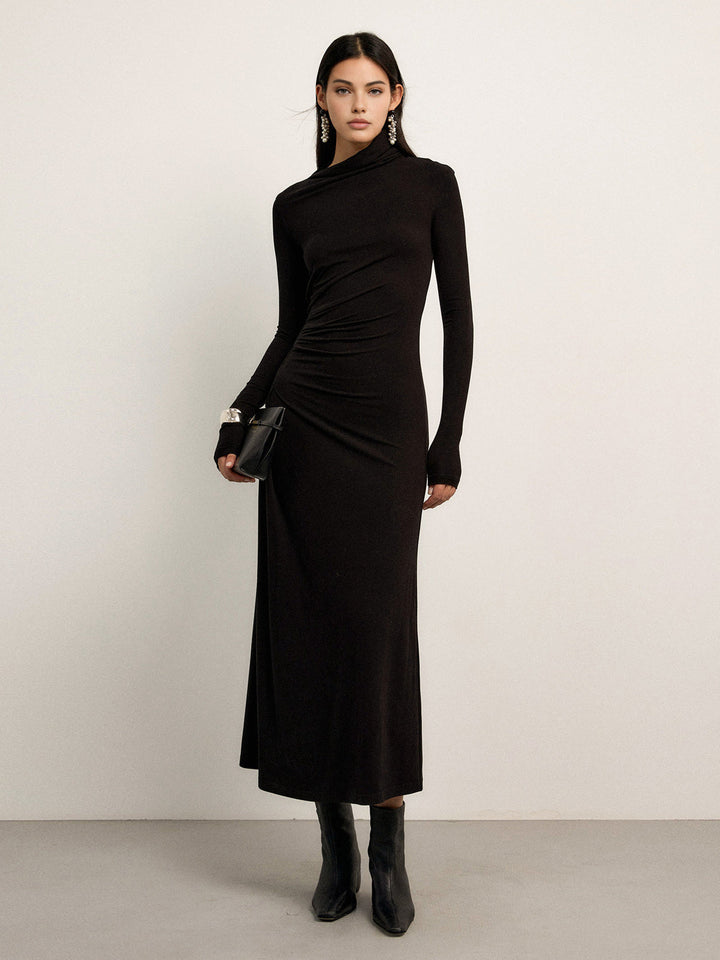 Robe Maxi à Manches Longues et Décolleté Asymétrique Ruché
