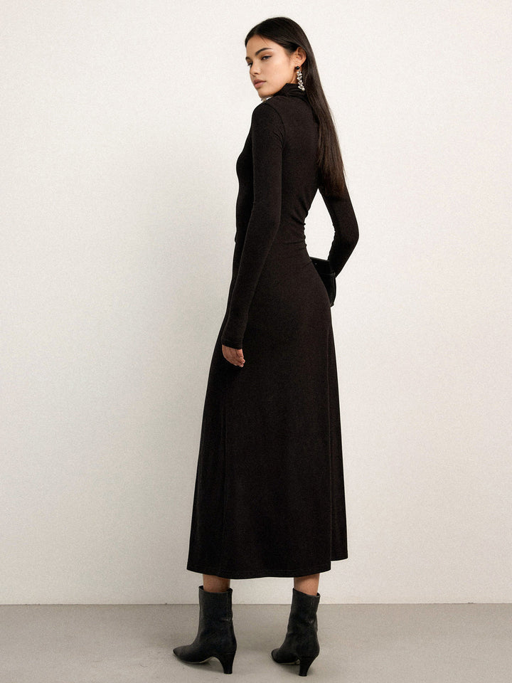 Robe Maxi à Manches Longues et Décolleté Asymétrique Ruché
