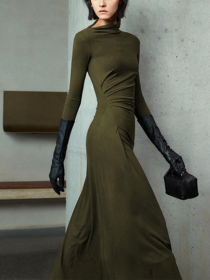 Robe Maxi à Manches Longues et Décolleté Asymétrique Ruché