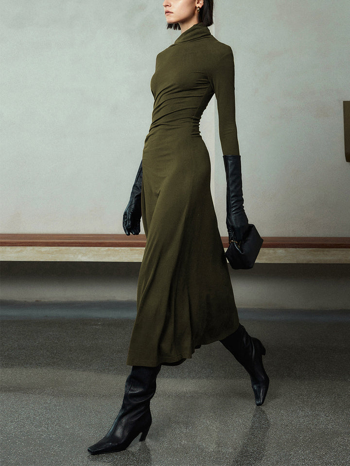 Robe Maxi à Manches Longues et Décolleté Asymétrique Ruché