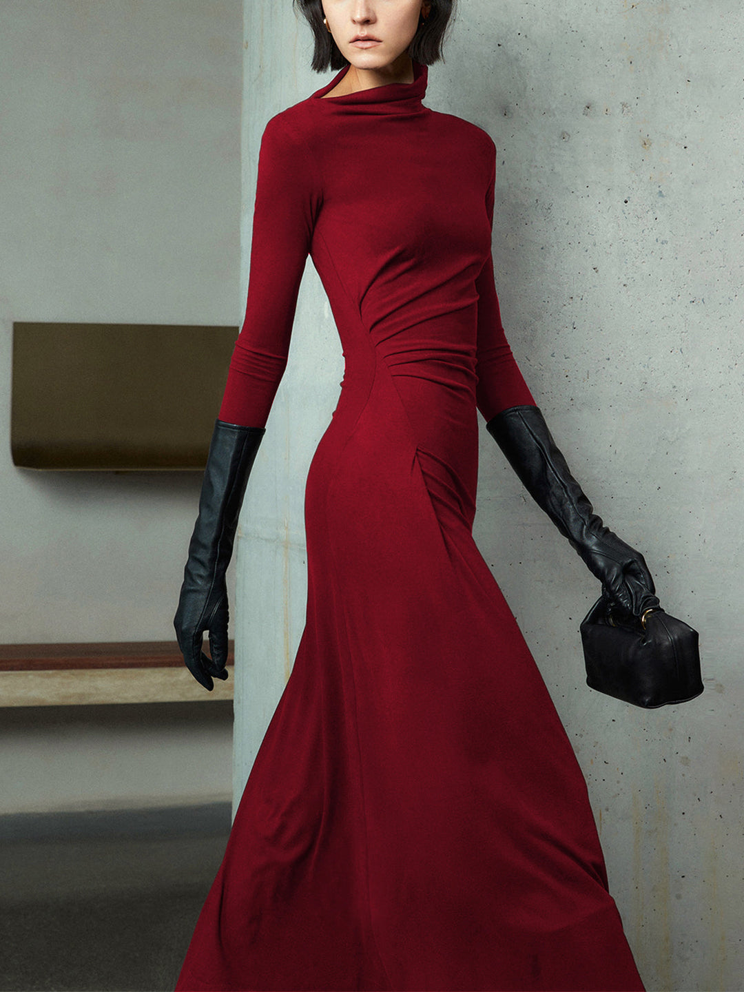 Robe Maxi à Manches Longues et Décolleté Asymétrique Ruché