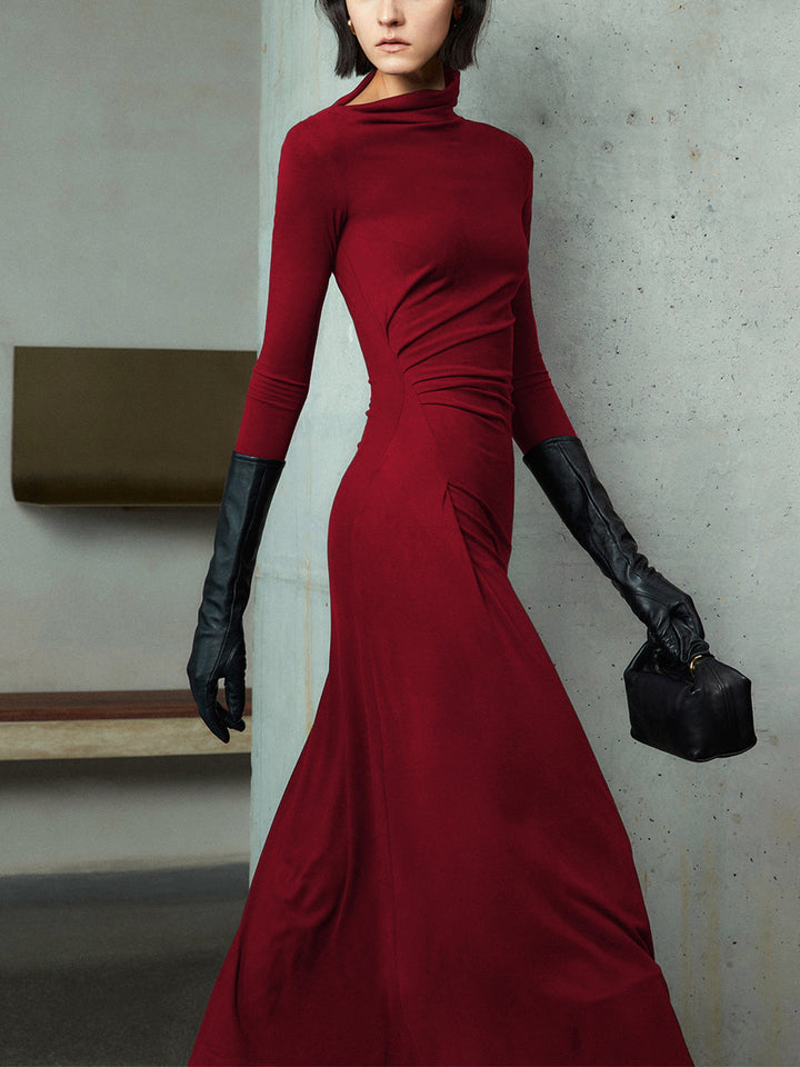 Robe Maxi à Manches Longues et Décolleté Asymétrique Ruché