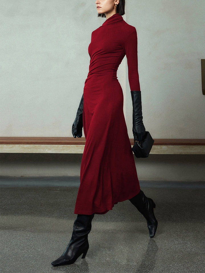 Robe Maxi à Manches Longues et Décolleté Asymétrique Ruché