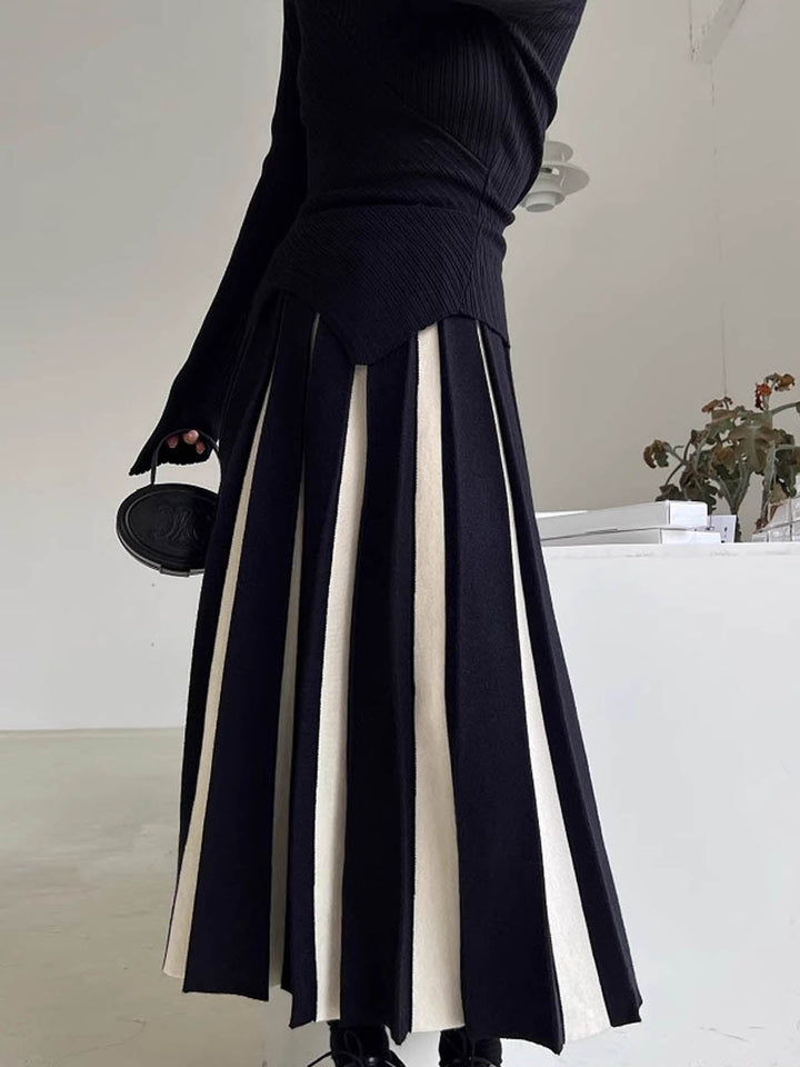 Jupe mi-longue en tricot colorblock