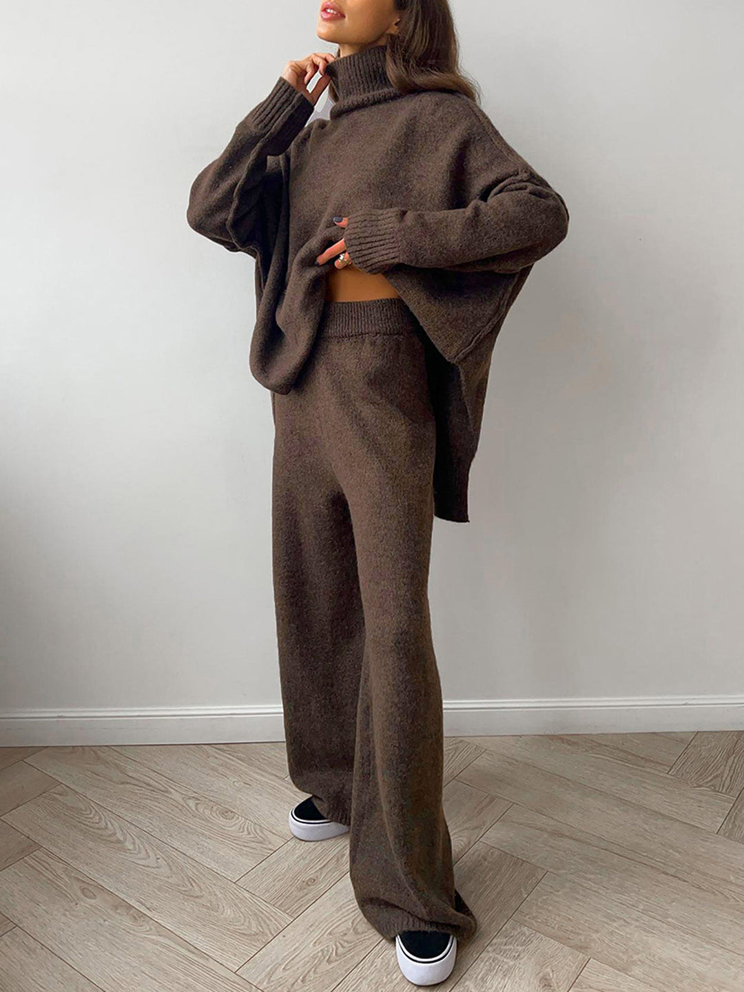 Ensemble Pantalon Tricot à Col Roulé Uni