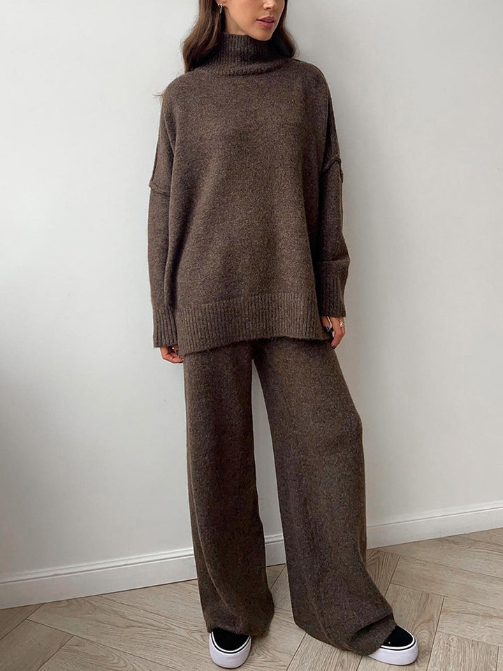 Ensemble Pantalon Tricot à Col Roulé Uni