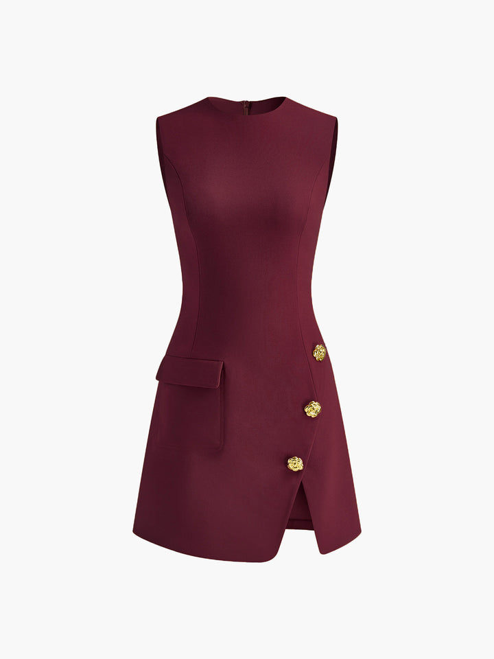 Robe à Manches Courtes avec Boutons et Fente Dorée