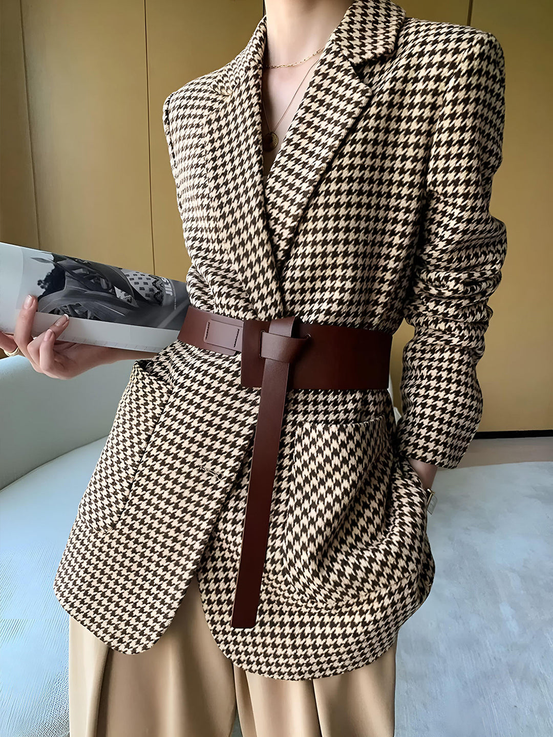 Blazer Style Houndstooth avec Ceinture