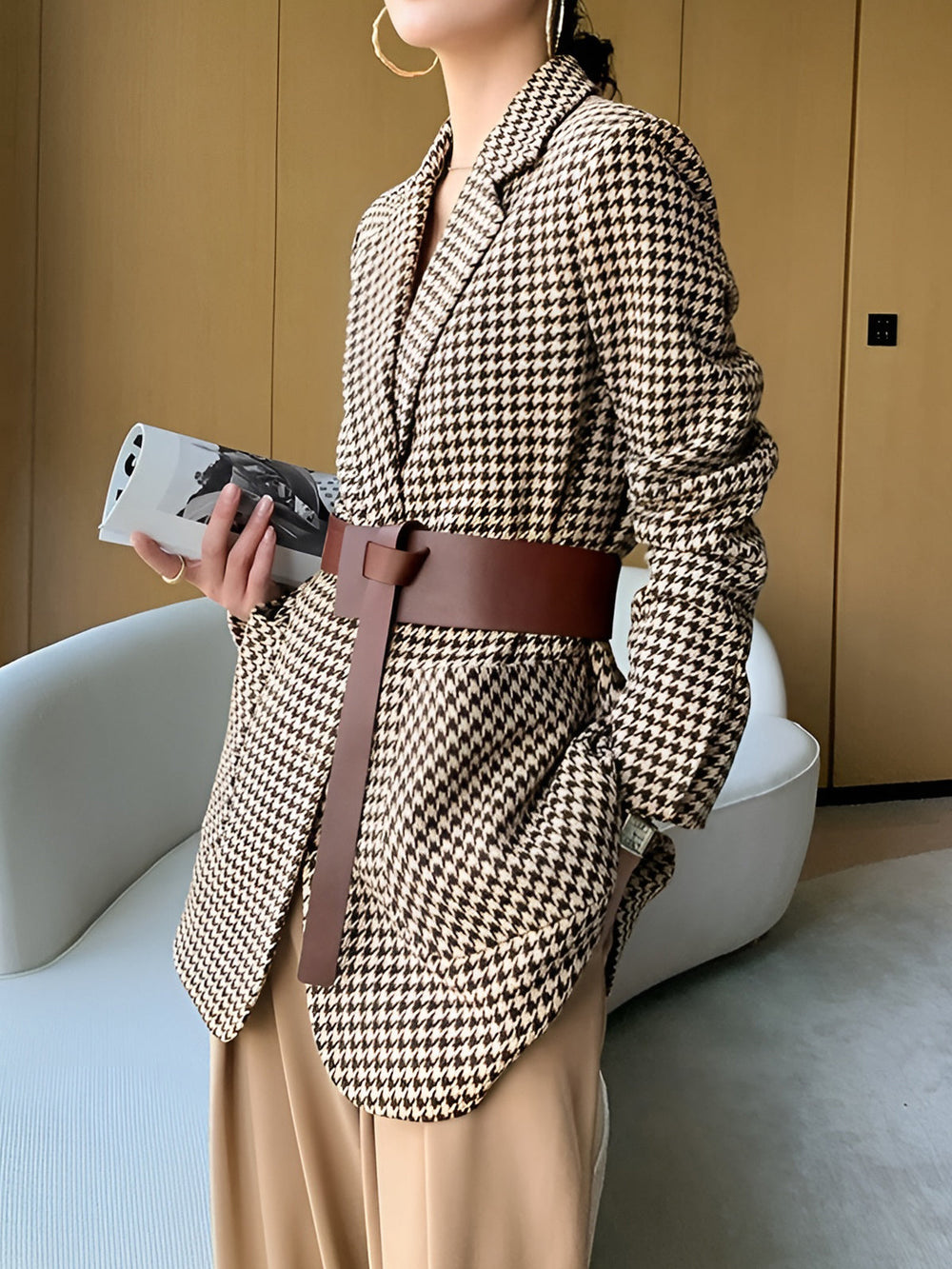 Blazer Style Houndstooth avec Ceinture