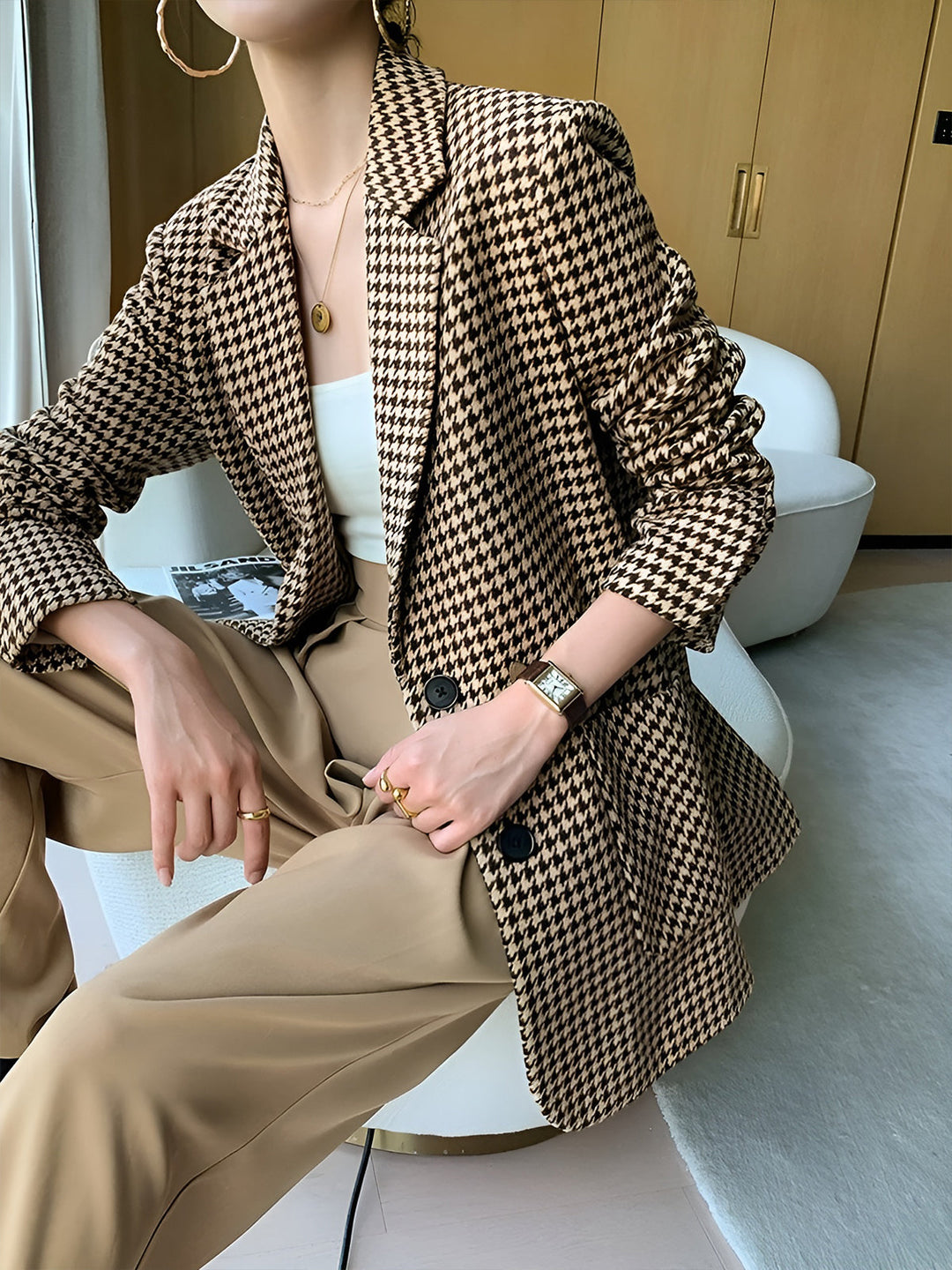 Blazer Style Houndstooth avec Ceinture