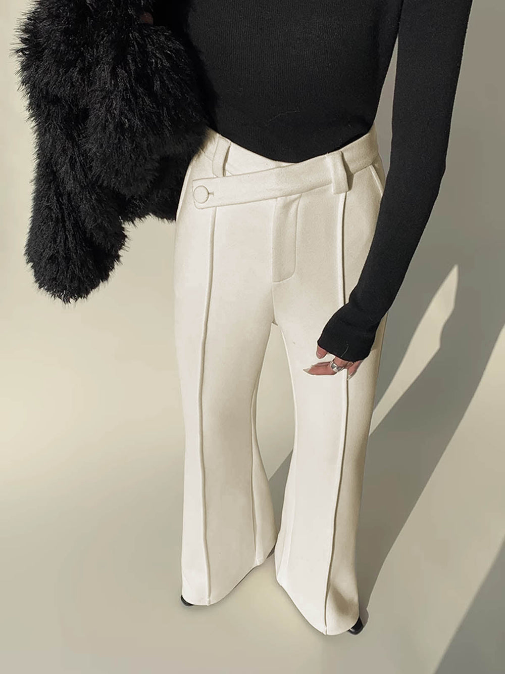 Pantalon Uni Taille Haute Passepoilé