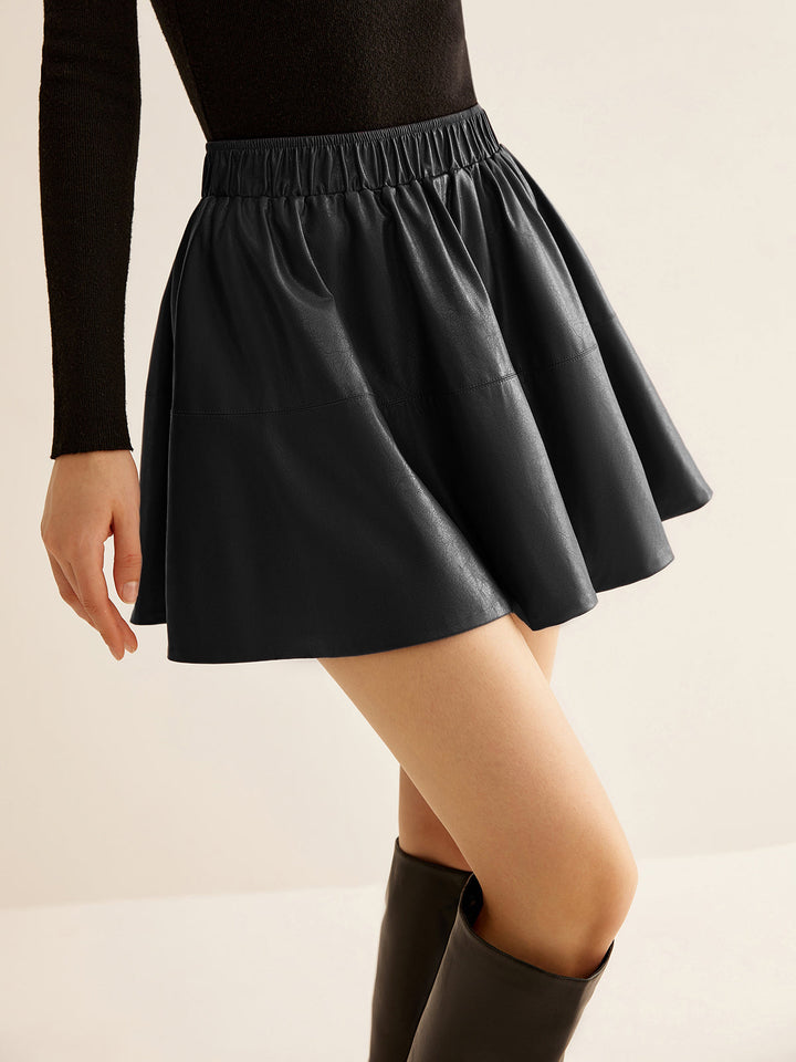 Jupe Patineuse Plissée en Similicuir à Taille Élastique