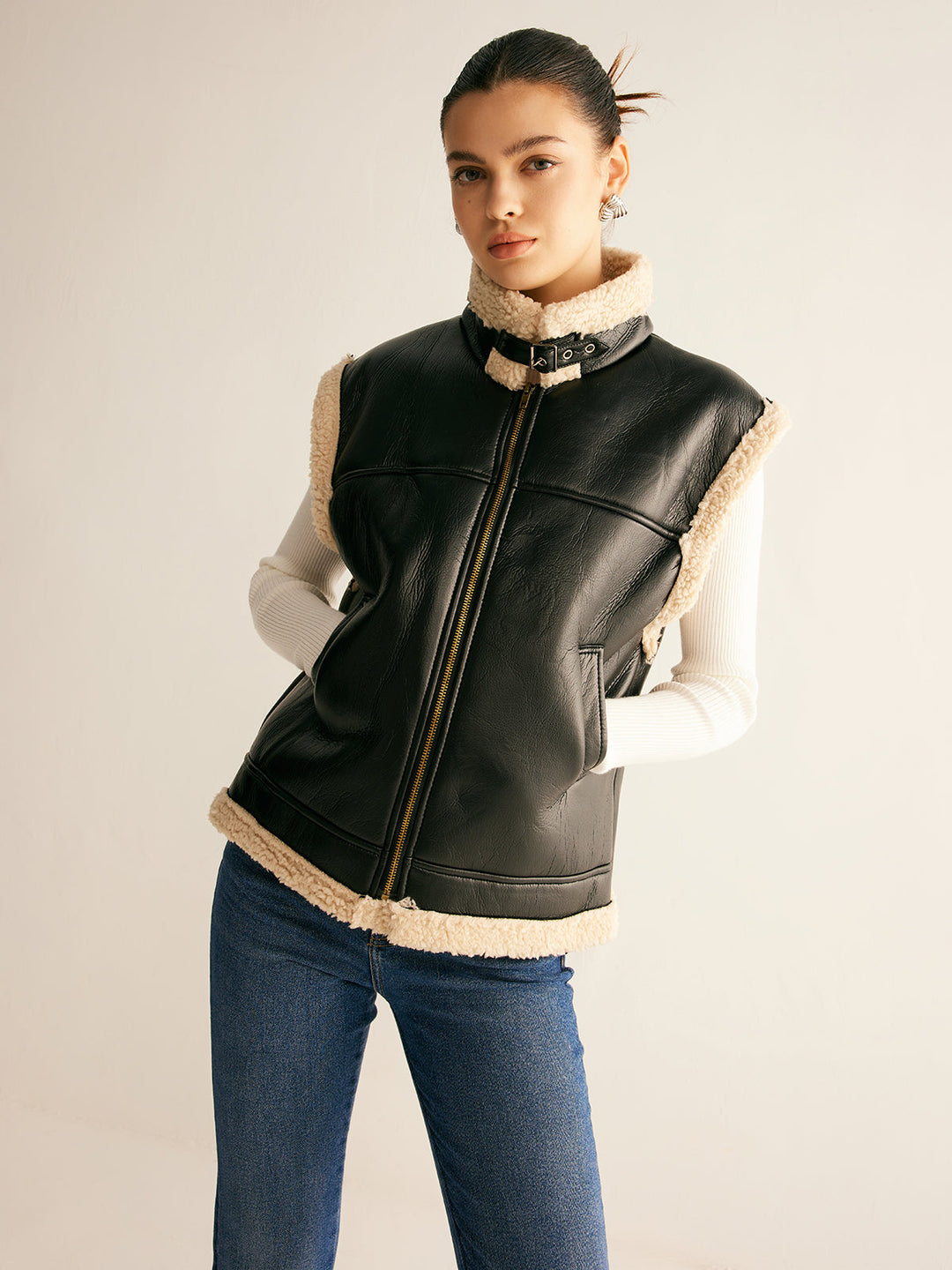 Gilet en Cuir PU Doublé Teddy