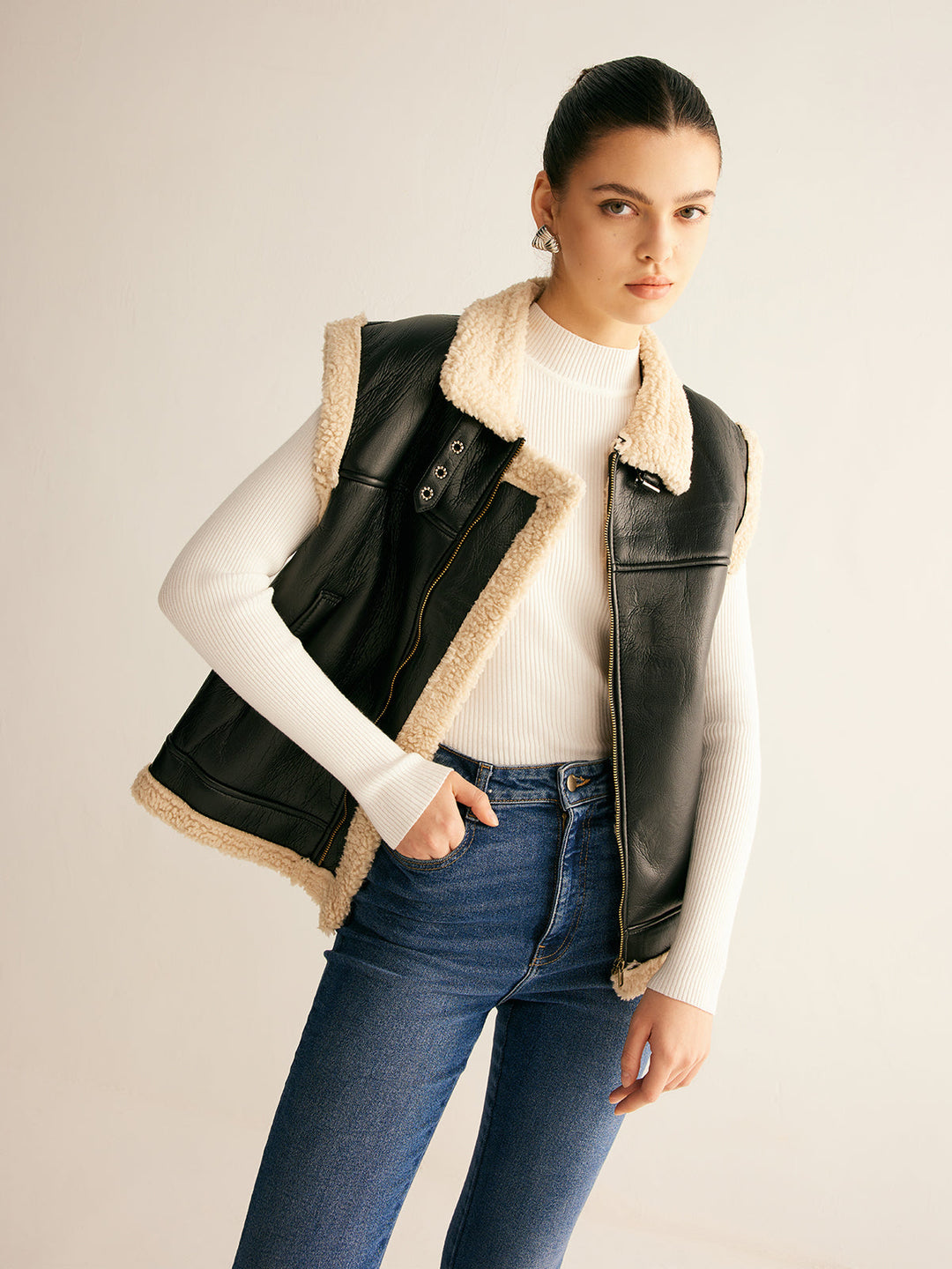 Gilet en Cuir PU Doublé Teddy