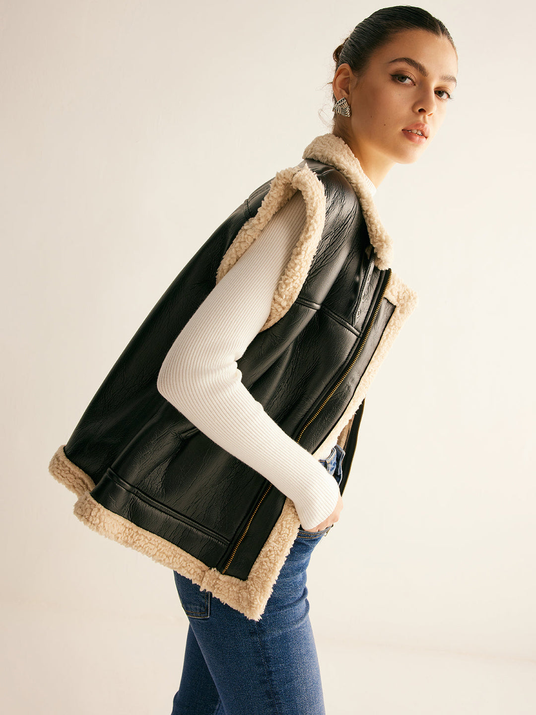 Gilet en Cuir PU Doublé Teddy