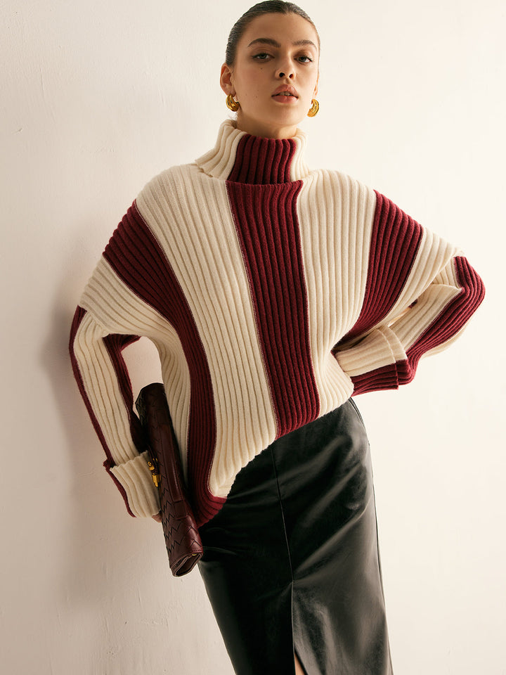 Pull en maille à col roulé couleur bloc côtelée