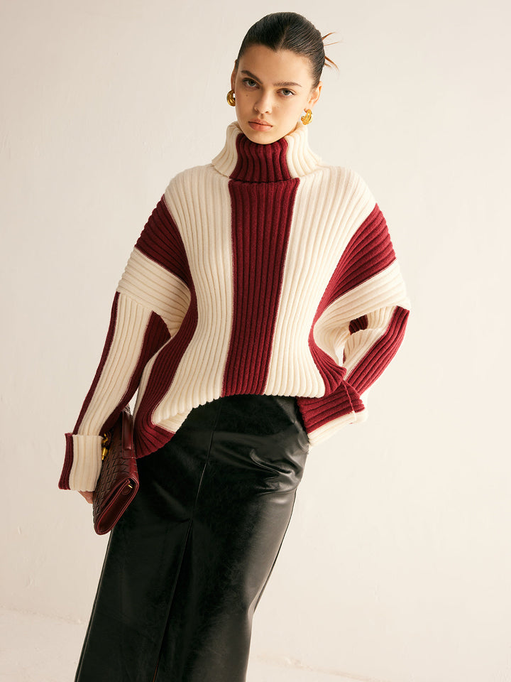 Pull en maille à col roulé couleur bloc côtelée