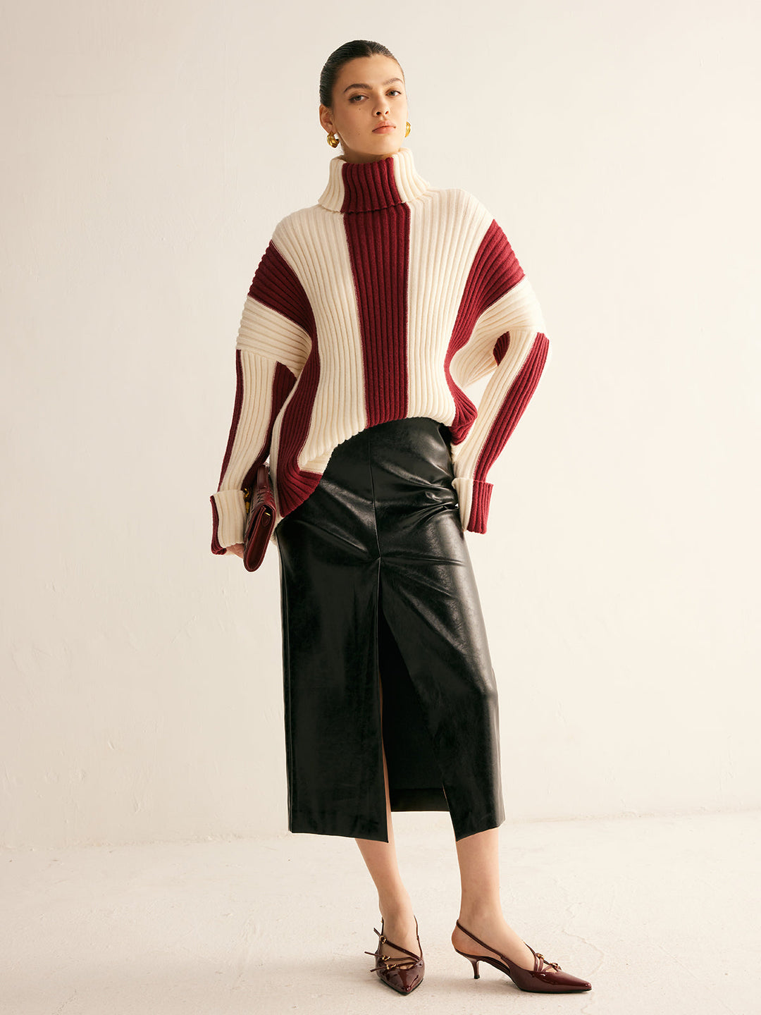 Pull en maille à col roulé couleur bloc côtelée