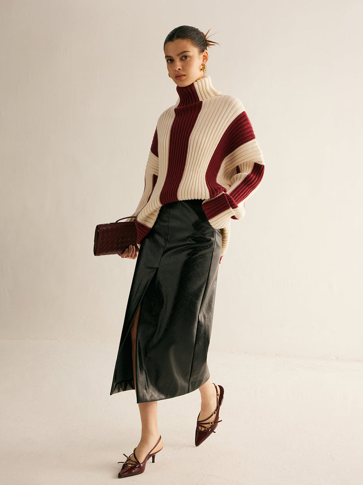Pull en maille à col roulé couleur bloc côtelée