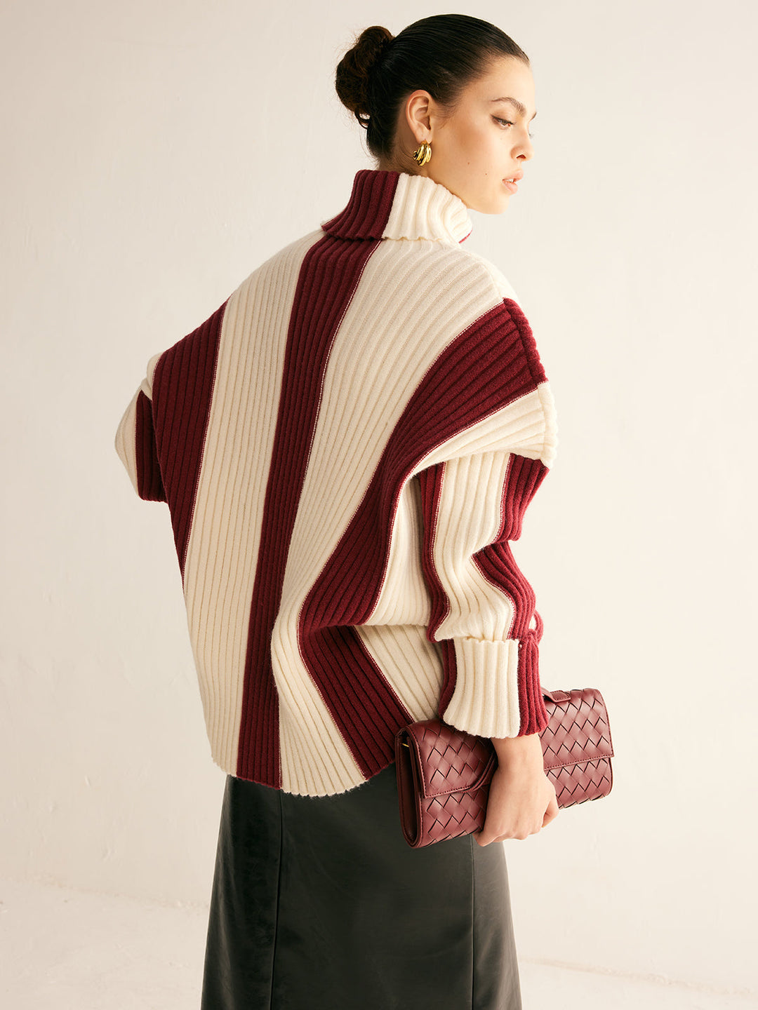 Pull en maille à col roulé couleur bloc côtelée