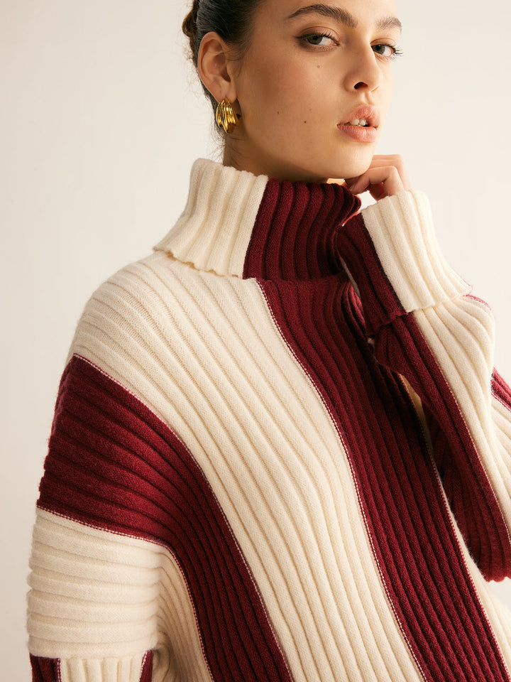 Pull en maille à col roulé couleur bloc côtelée