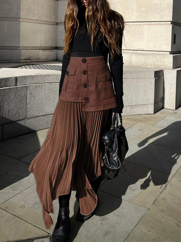 Jupe Midi Plissée Asymétrique Boutonnée Patchwork