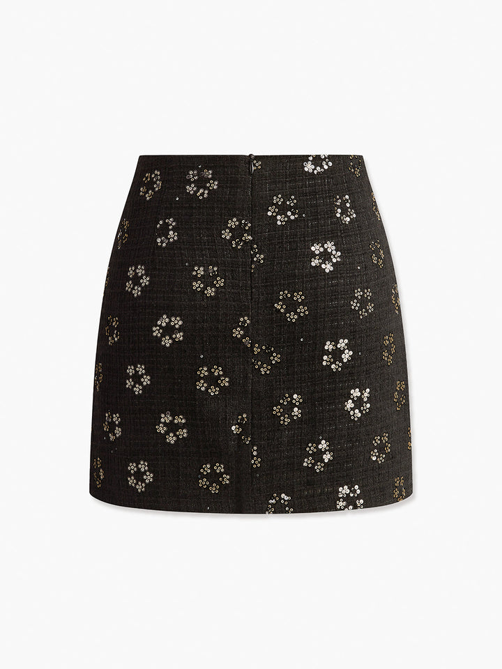Jupe en tweed à sequins floraux
