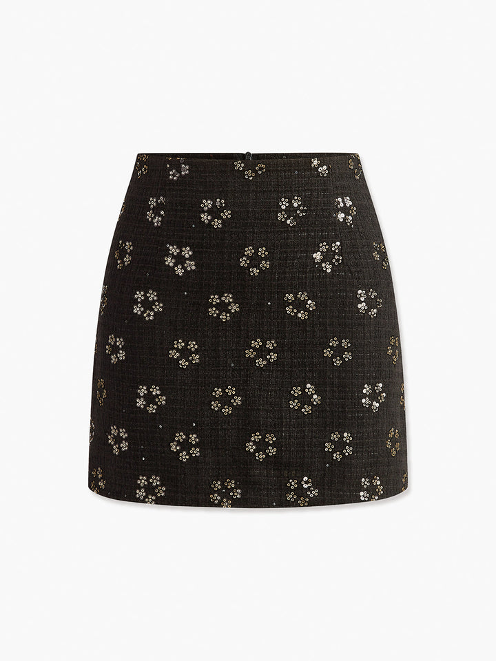 Jupe en tweed à sequins floraux