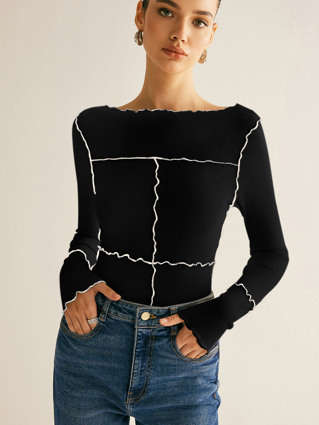 T-shirt ajusté à manches longues avec bordure volantée