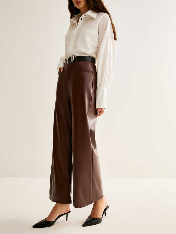 Pantalons Droits Ceinturés en Similicuir