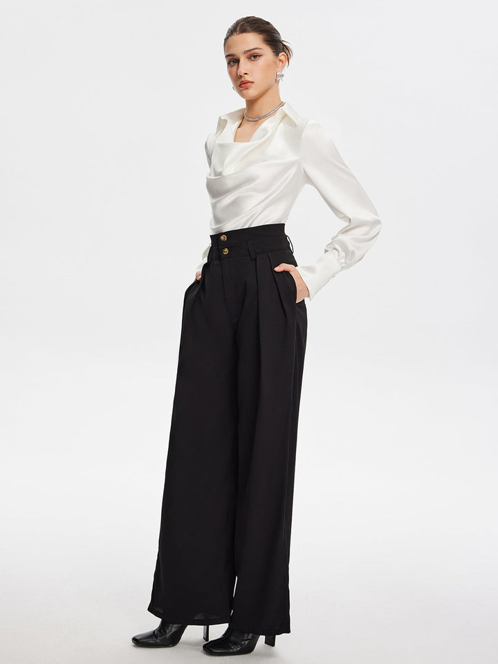 Blouse à Manches Longues Plissée Col V