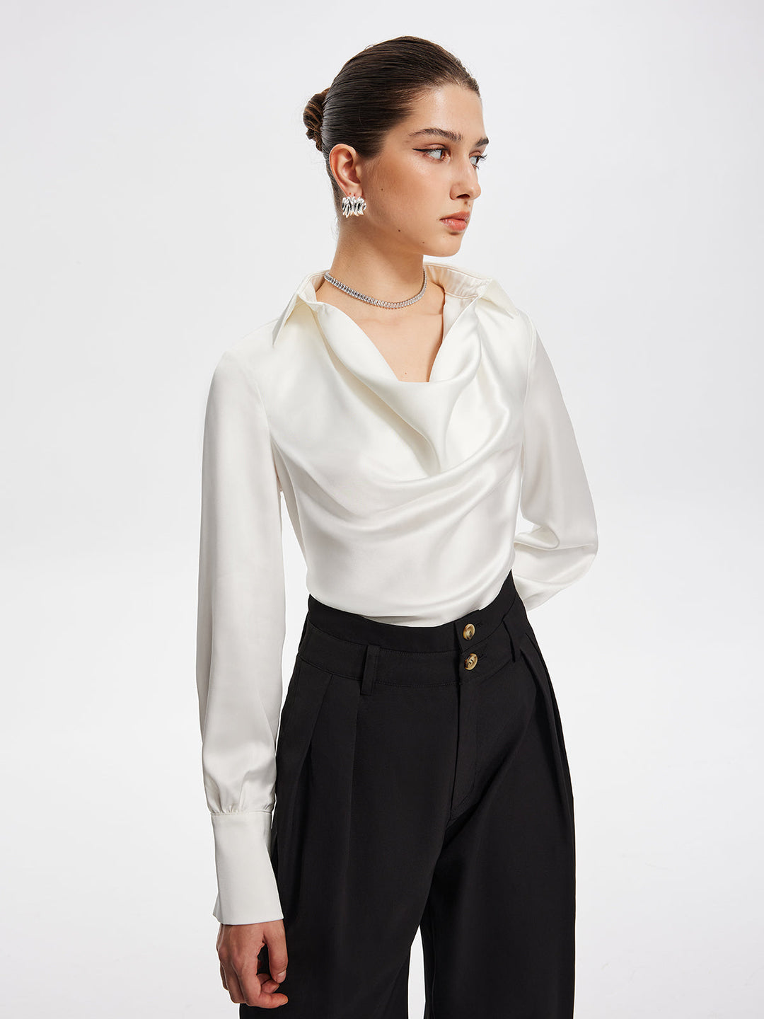 Blouse à Manches Longues Plissée Col V