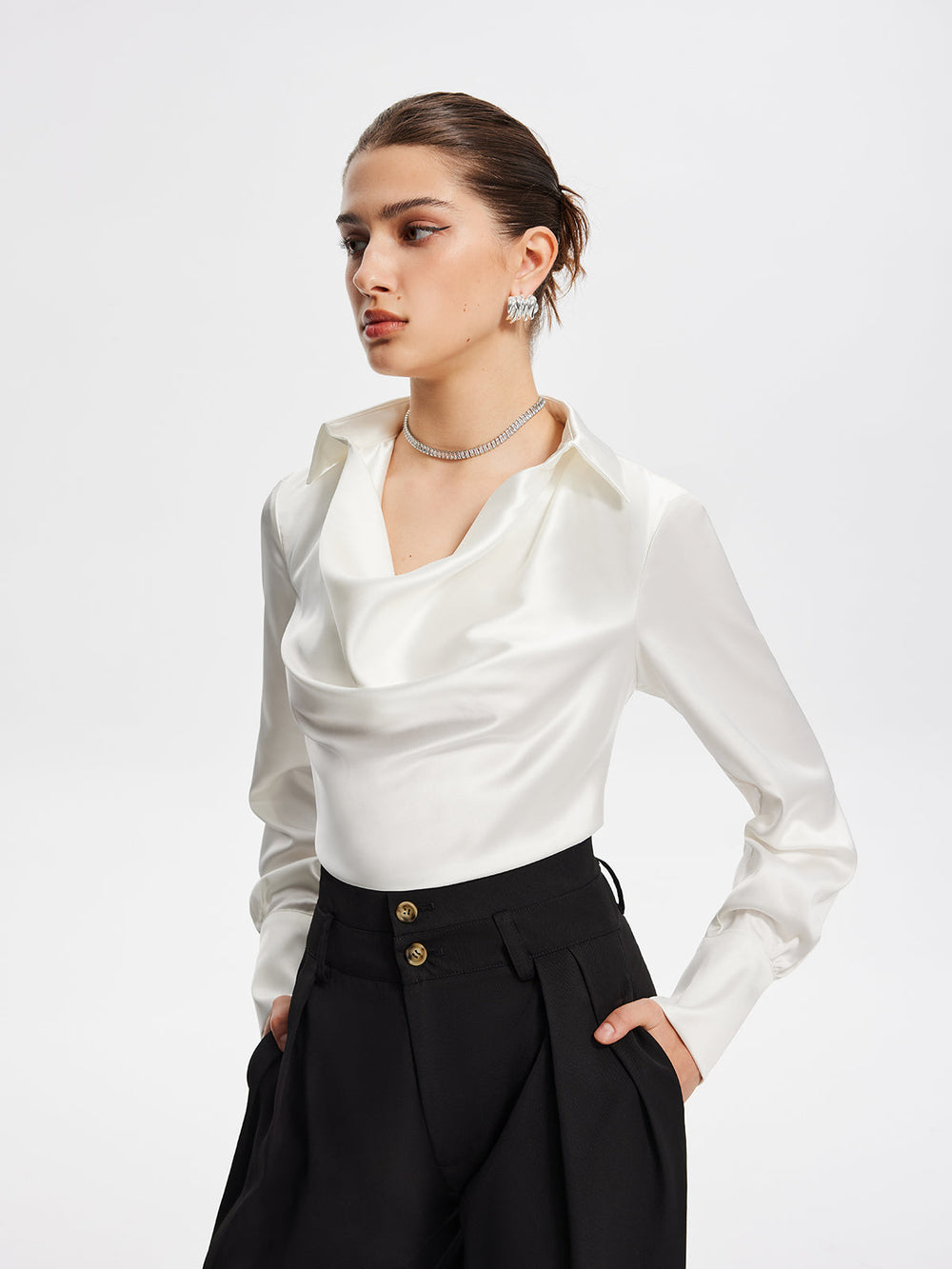 Blouse à Manches Longues Plissée Col V