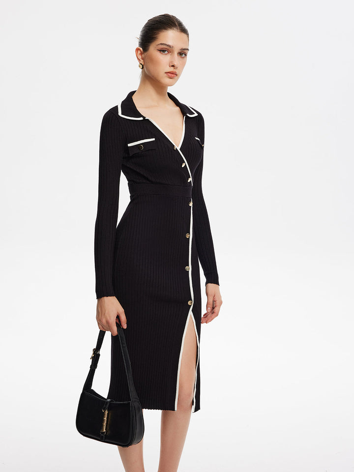 Robe Mi-longue en Tricot à Bordures Contrastées