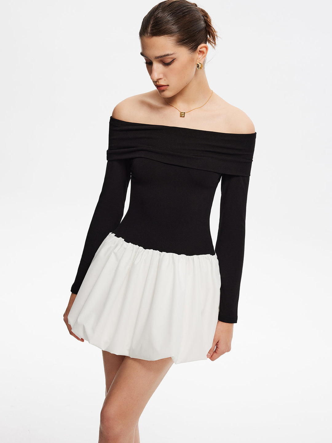Robe Courte Deux Tons Sans Épaules à Bulles