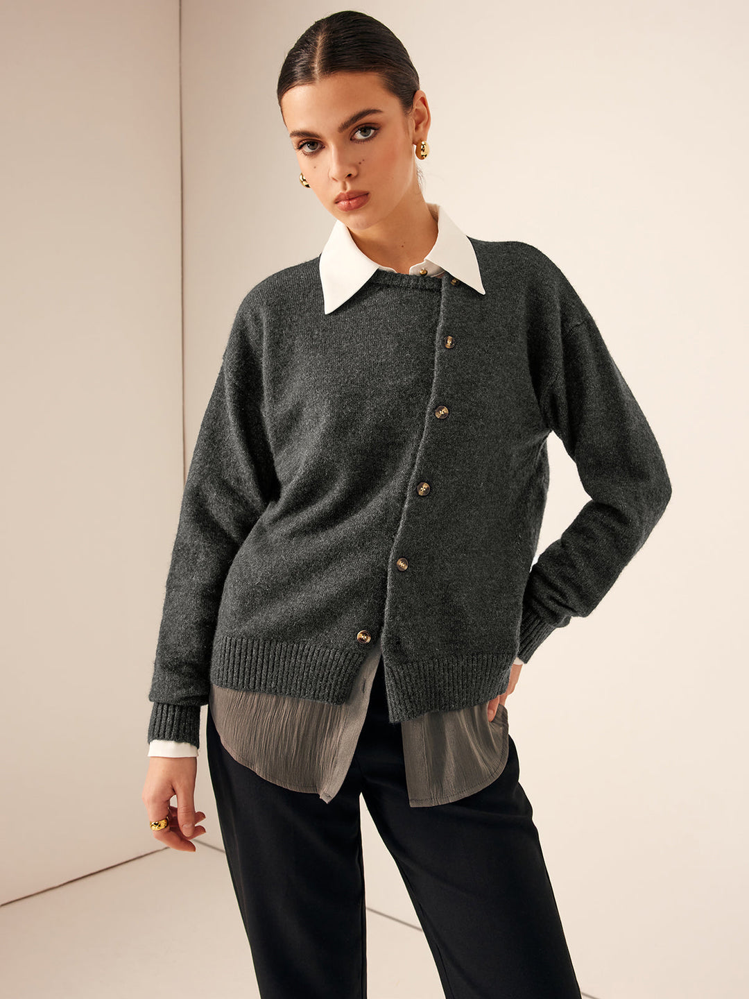 Cardigan Col Bouton Asymétrique à Col Ras du Cou
