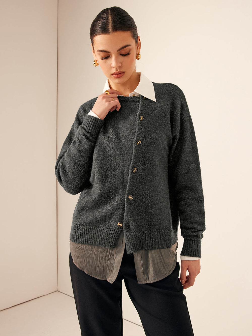 Cardigan Col Bouton Asymétrique à Col Ras du Cou