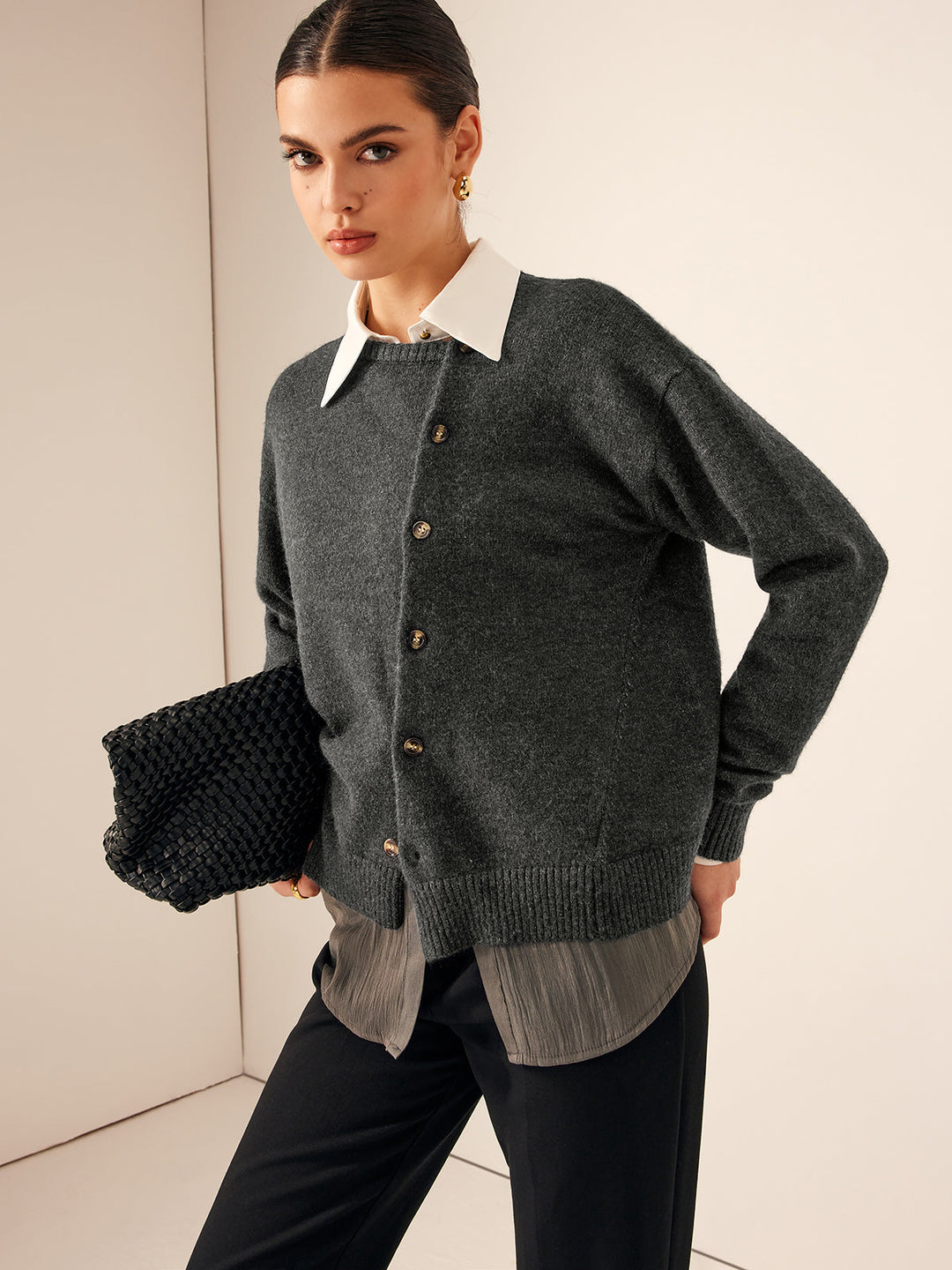 Cardigan Col Bouton Asymétrique à Col Ras du Cou