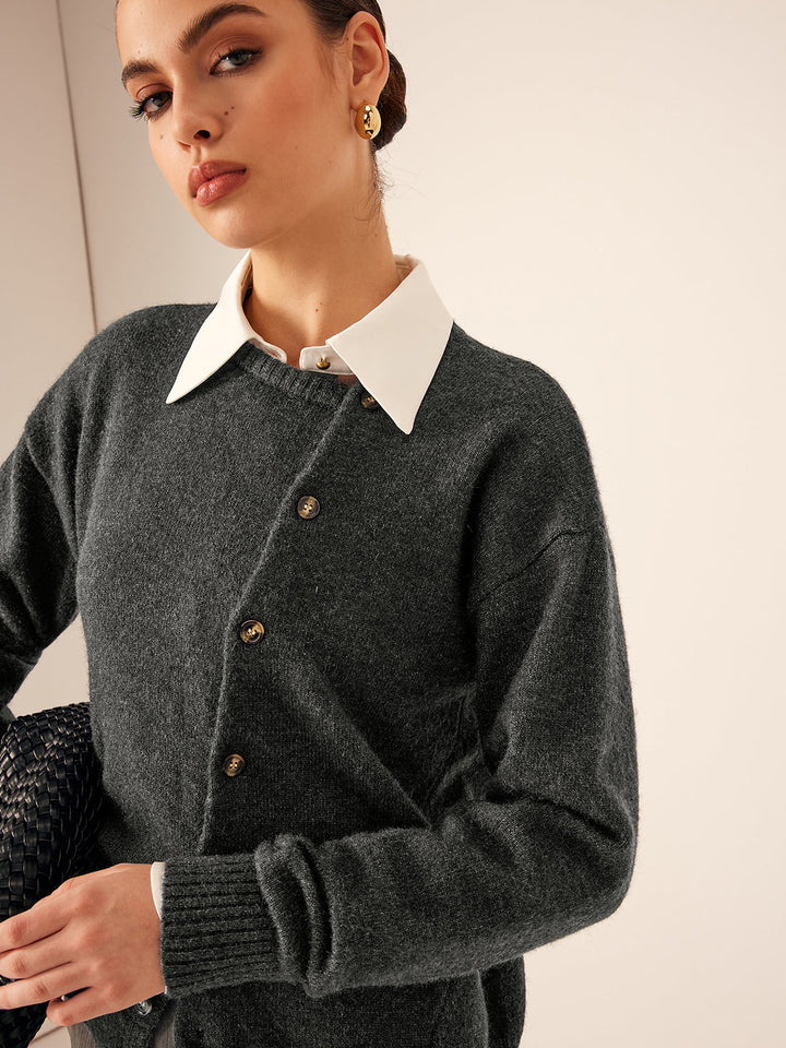 Cardigan Col Bouton Asymétrique à Col Ras du Cou
