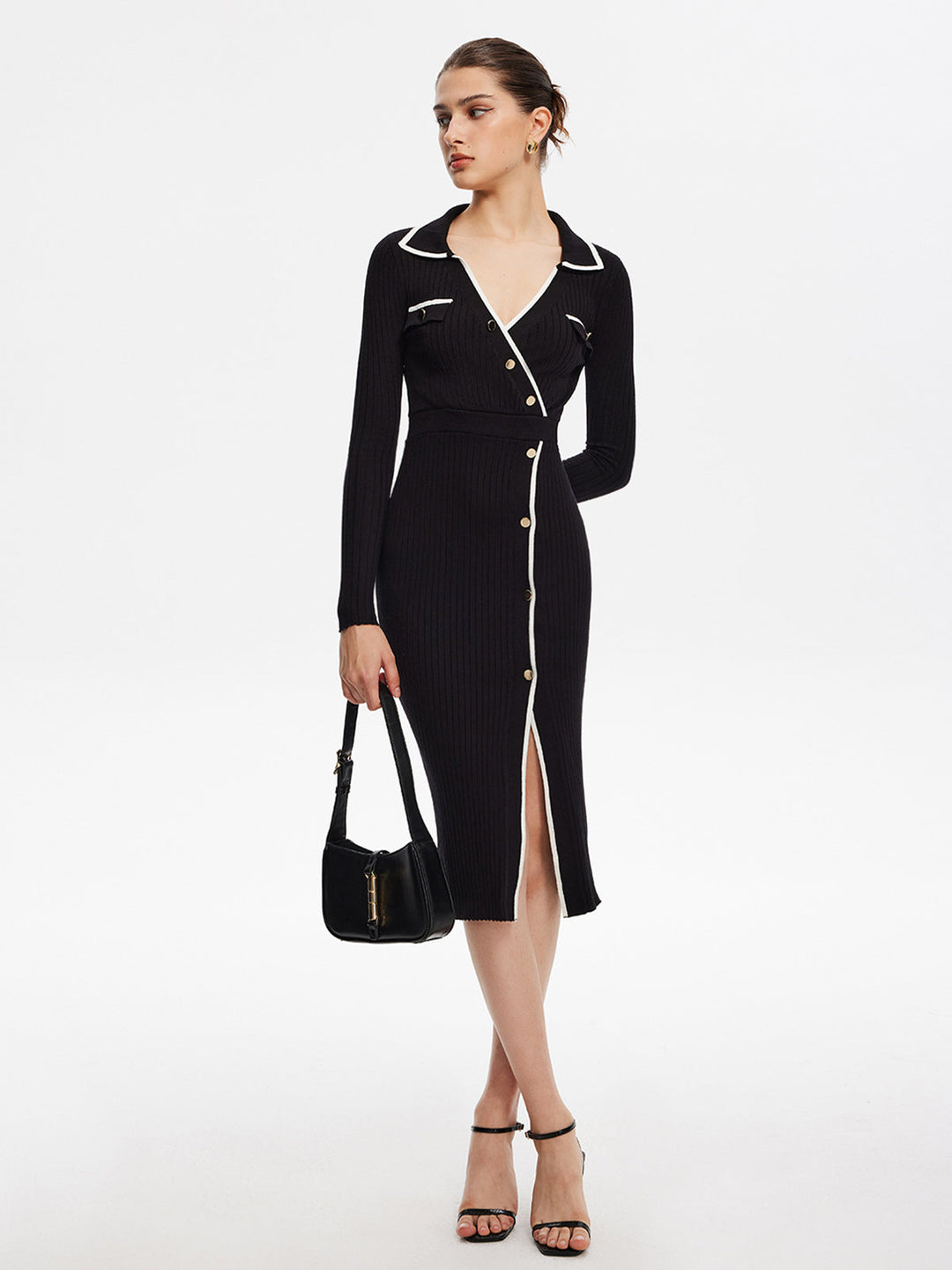 Robe Mi-longue en Tricot à Bordures Contrastées