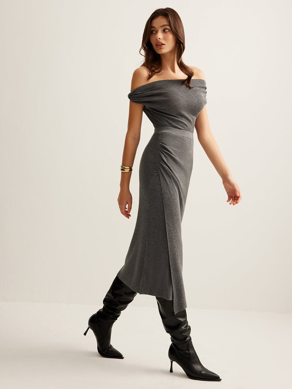 Ensemble Jupe-Robe Froncée en Laine Mélangée