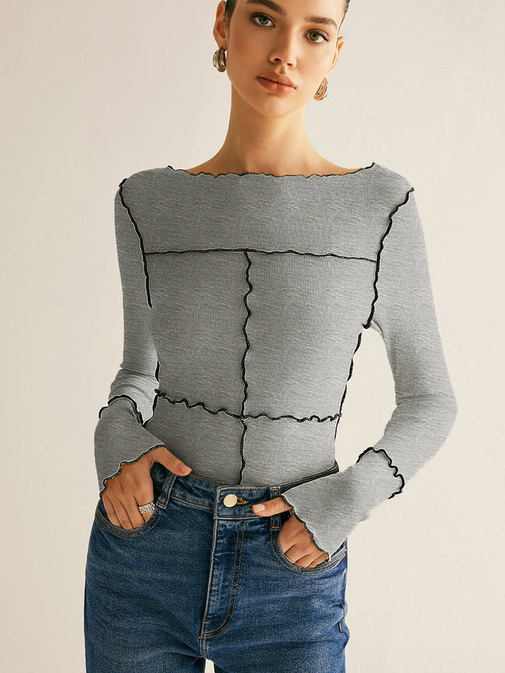 T-shirt ajusté à manches longues avec bordure volantée